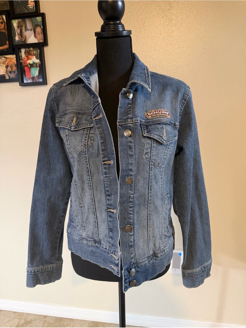 Harley Davidson Blue Denim Jacket with rhinestone tribal design . Size L